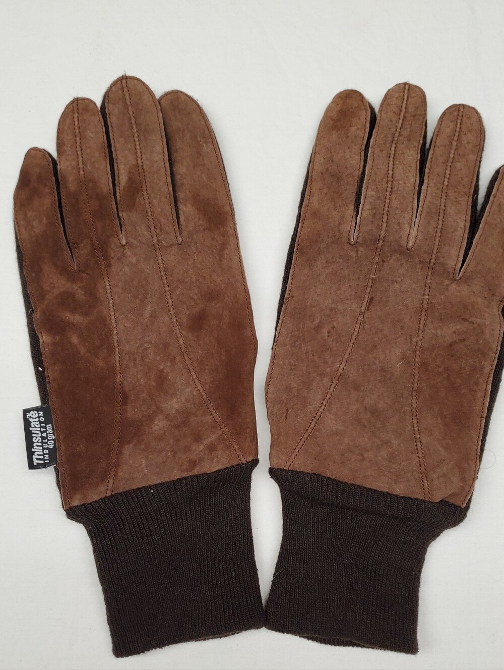 Vintage Brown Suede Leather Palm Gloves Thinsulate 40g Insulation Knit Cuff